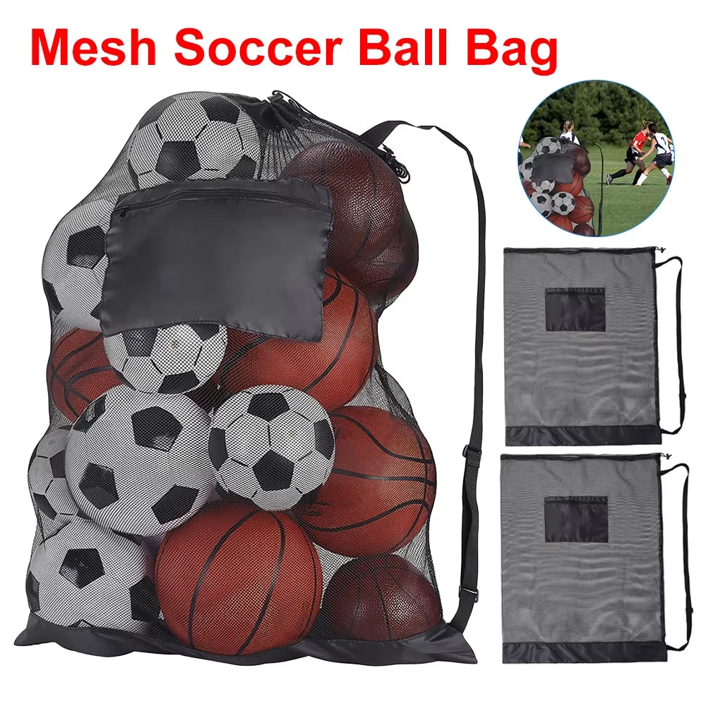 Mesh Soccer Ball Bag Drawstring Sports Ball Bag with Zipper Pocket Extra Large Storage Bags for Football Volleyball Basketball